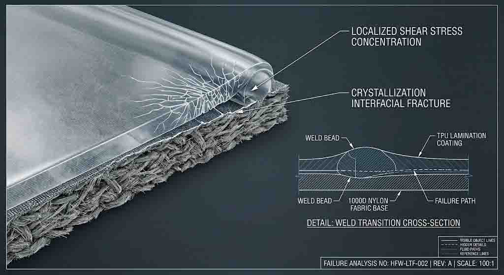 Microscopic cross-section schematic analyzing micro-cracking and crystallization failure at the weld interface of standard TPU under sub-zero loading.