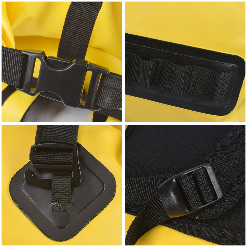 external attachment loops and padded harness on floating dry backpack