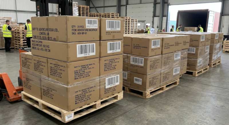 Wholesale waterproof backpacks packed by SKU into export cartons with barcode and FBA labels, palletised for container loading