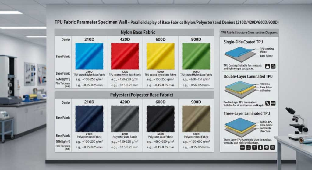 TPU backpack fabric specification samples — base fabric, denier, film thickness, coating structure and GSM