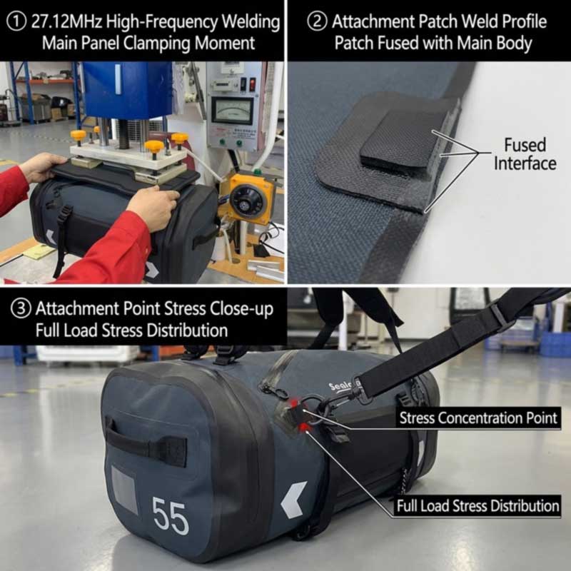 RF welding a motorcycle bag body panel, a welded reinforcement patch at an anchor point, and the anchor under load