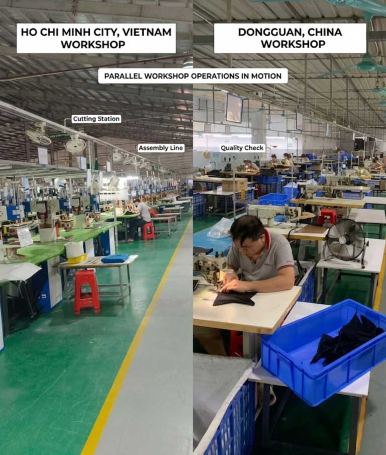 Dongguan China welding and tooling workshops alongside the Ho Chi Minh City full production line