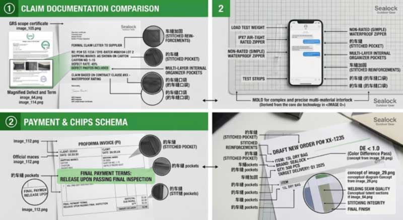 A written claim with order number, defect rate, photographs and requested remedy contrasted with a vague complaint message, and a pro forma invoice clause linking balance payment to inspection
